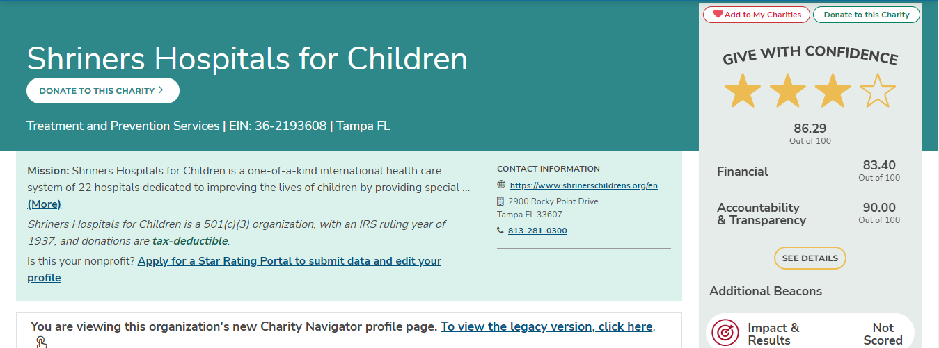Shriners Hospitals for Children by charity navigator